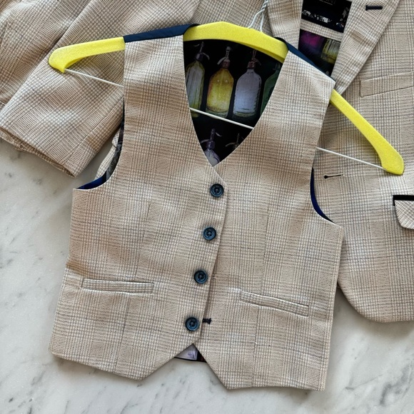 Single-breasted Checked 3 Piece Suit 3Y Light Beige Navy Blue Vest Trousers - Picture 9 of 16